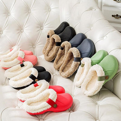 Stevvex plush fur-lined warm slippers; waterproof clogs in black, tan, green on tufted sofa on Tampa Home & Garden Store