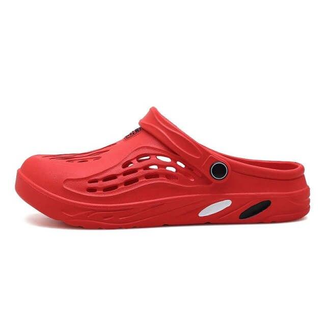 Stevvex red unisex slip-on slippers with perforated upper and heel strap on Tampa Home & Garden Store