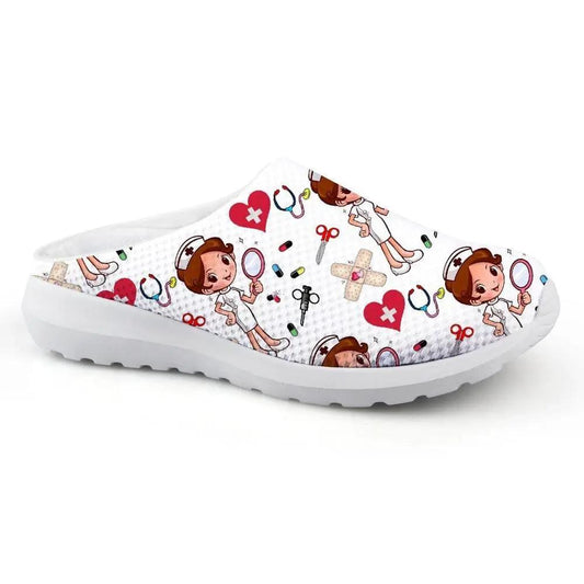 Women nurse slippers white mesh slip-on with cartoon nurse pattern and medical icons on Tampa Home & Garden Store