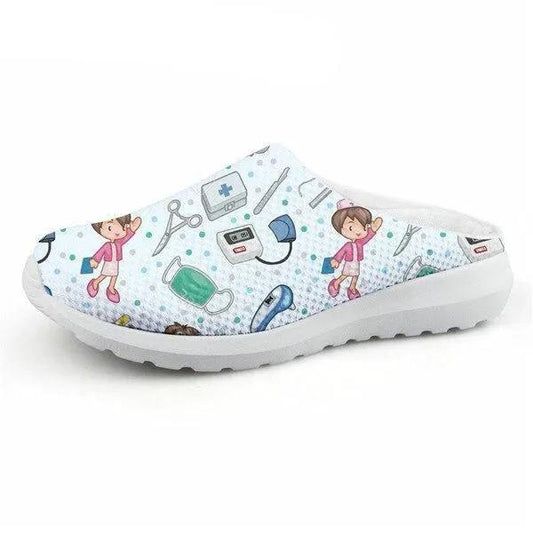 Women nurse slippers Stevvex white slip-on with medical icons, non-slip footwear on Tampa Home & Garden Store