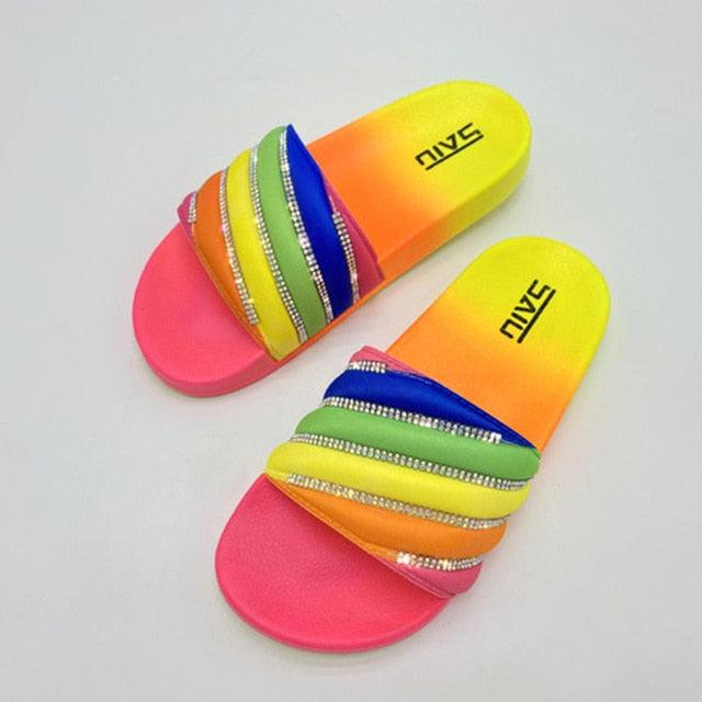 Stevvex women's rainbow rhinestone strap rubber slide sandals pair with pink footbeds on Tampa Home & Garden Store
