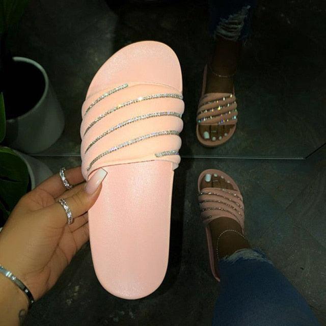 Stevvex pink rhinestone-strap slide sandals for women, rubber summer flats (2 pairs shown) on Tampa Home & Garden Store