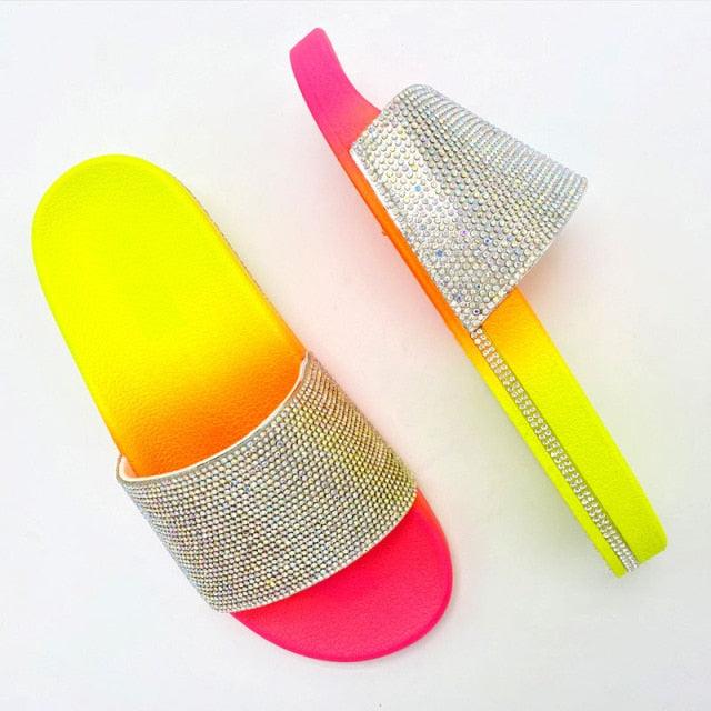 Women rhinestone strap sandals by Stevvex with neon gradient footbed candy pink and yellow on Tampa Home & Garden Store