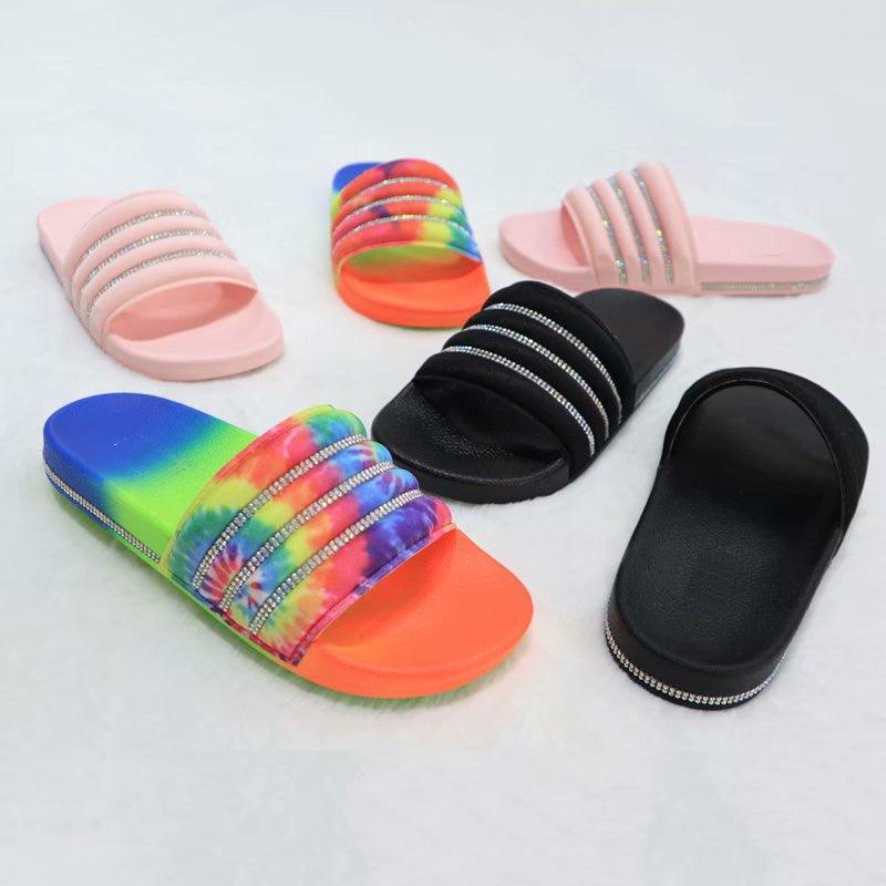 Stevvex women’s rhinestone-strap slide sandals in rainbow tie-dye and pink on Tampa Home & Garden Store