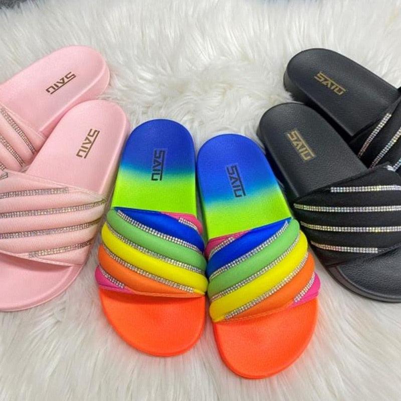 Stevvex women sandals set: rhinestone straps rainbow gradient slides black slides on Tampa Home & Garden Store