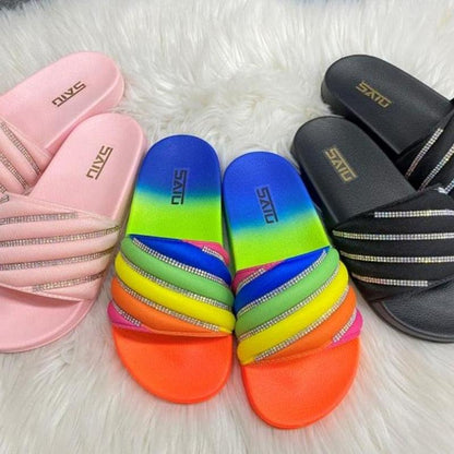 Stevvex women sandals set: rhinestone straps rainbow gradient slides black slides on Tampa Home & Garden Store