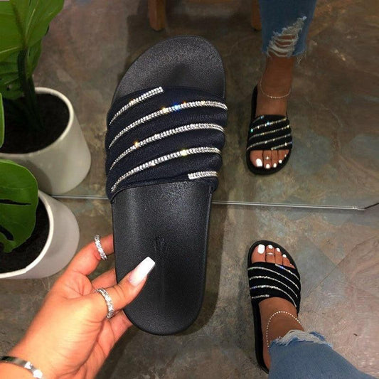 Stevvex black rhinestone-strap slide sandals, slip-on flat sandals for summer on Tampa Home & Garden Store