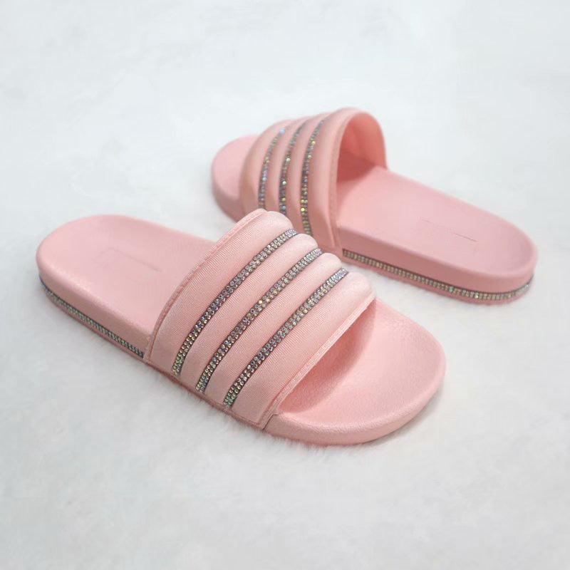 Pair of women pink rhinestone strap slide sandals, rubber slip-on for casual summer on Tampa Home & Garden Store
