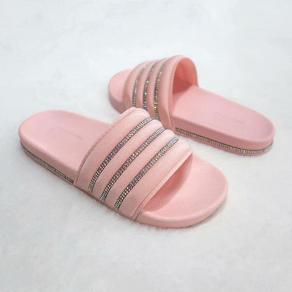 Pair of women pink rhinestone strap slide sandals, rubber slip-on for casual summer on Tampa Home & Garden Store