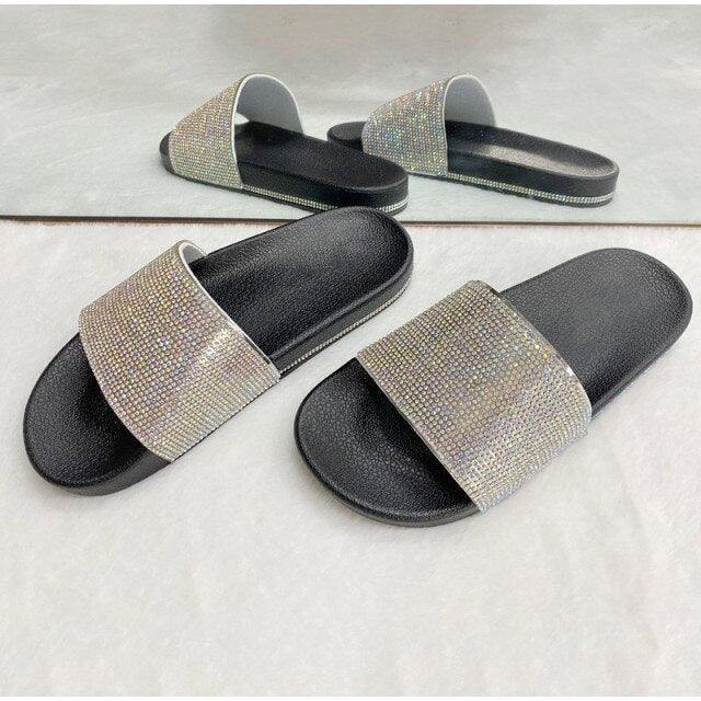 Stevvex rhinestone strap sandals for women, black footbed, glitter strap, 2 pairs on Tampa Home & Garden Store