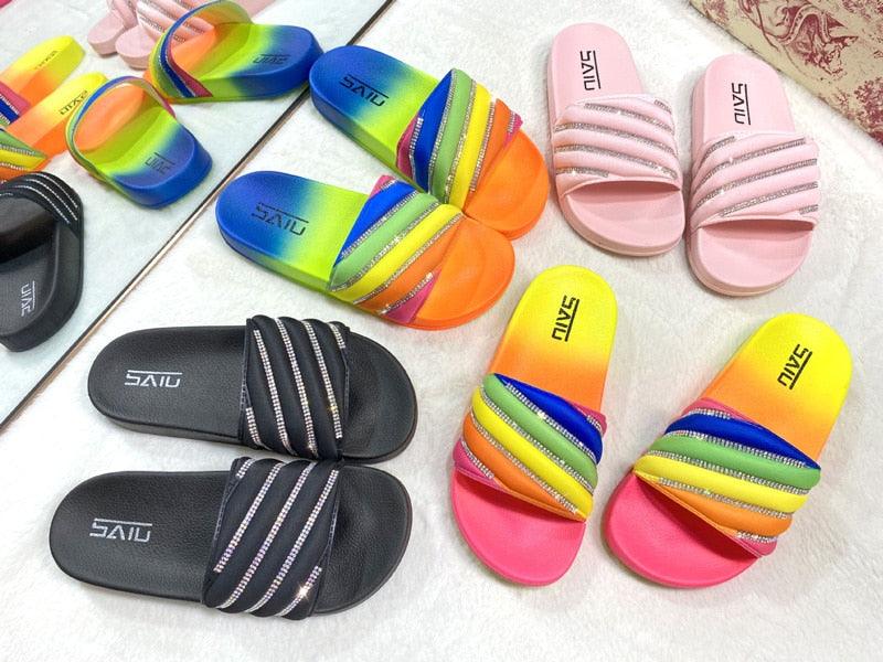 Women rainbow straps beach sandals with pink slide, Stevvex casual summer sandals on Tampa Home & Garden Store