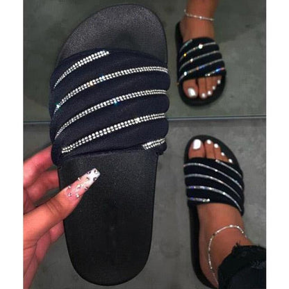 Stevvex women's black rhinestone strap slide sandals, casual summer flats pair on Tampa Home & Garden Store
