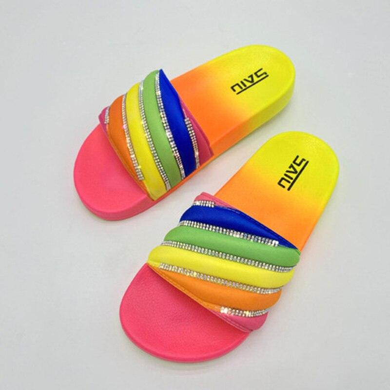 Stevvex women rainbow-strap rubber sandals with rhinestone bands neon pink sole on Tampa Home & Garden Store