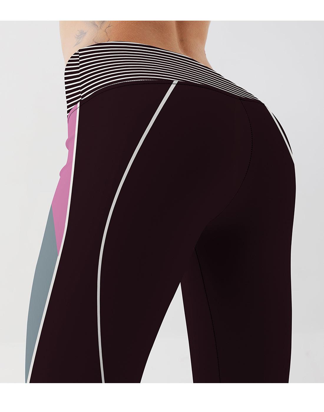 Stevvex women's high-waist burgundy leggings with color-block side panels and striped waistband on Tampa Home & Garden Store