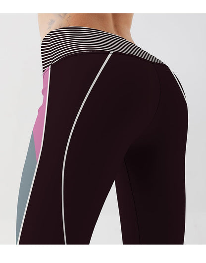 Stevvex women's high-waist burgundy leggings with color-block side panels and striped waistband on Tampa Home & Garden Store
