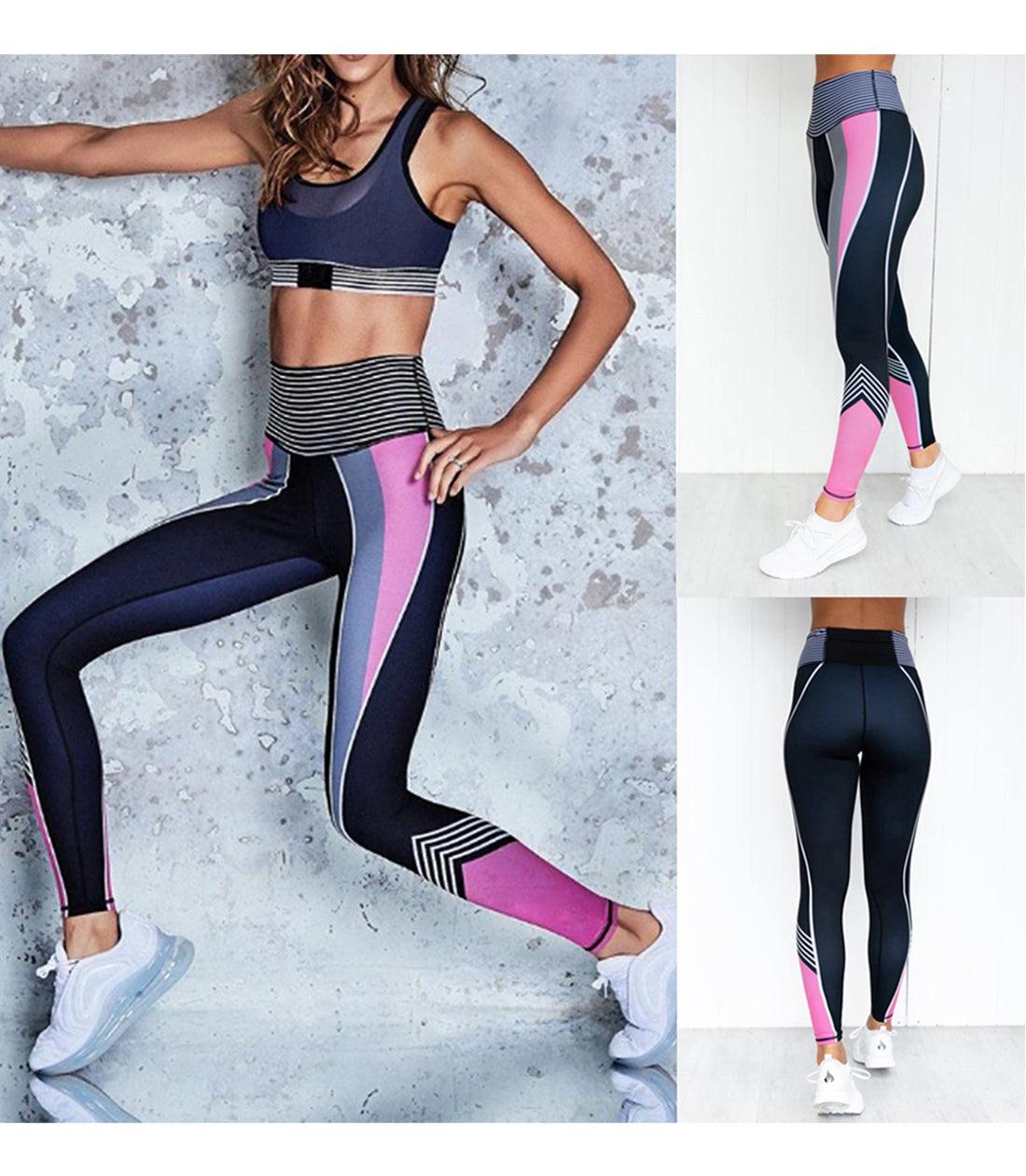 Stevvex women big size high waist leggings navy with pink color-block panels for yoga workouts on Tampa Home & Garden Store