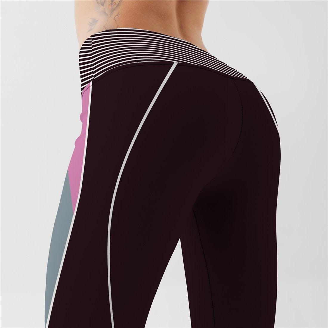 Women’s high waist leggings with striped waistband and colorblock side panels on black base on Tampa Home & Garden Store