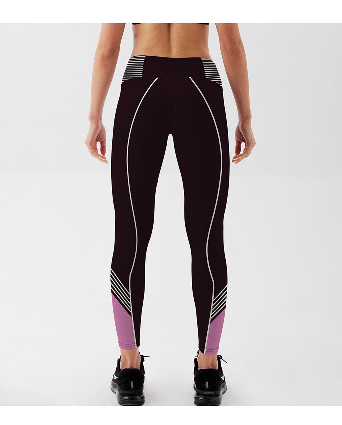 Stevvex women's high-waist leggings in black with white piping and purple ankle cuffs on Tampa Home & Garden Store