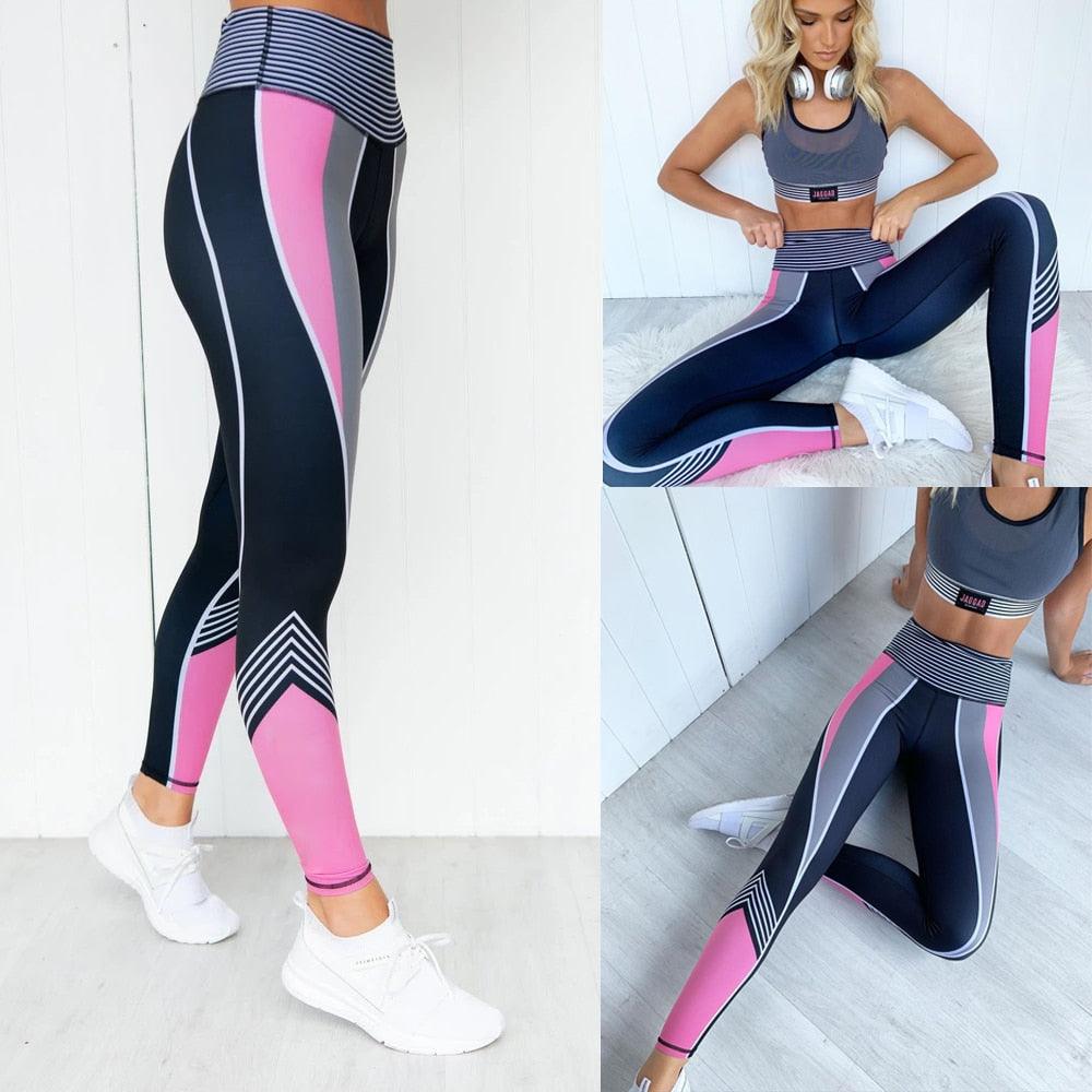 Stevvex women's high-waist compression leggings in black with pink panels and white stripe accents on Tampa Home & Garden Store