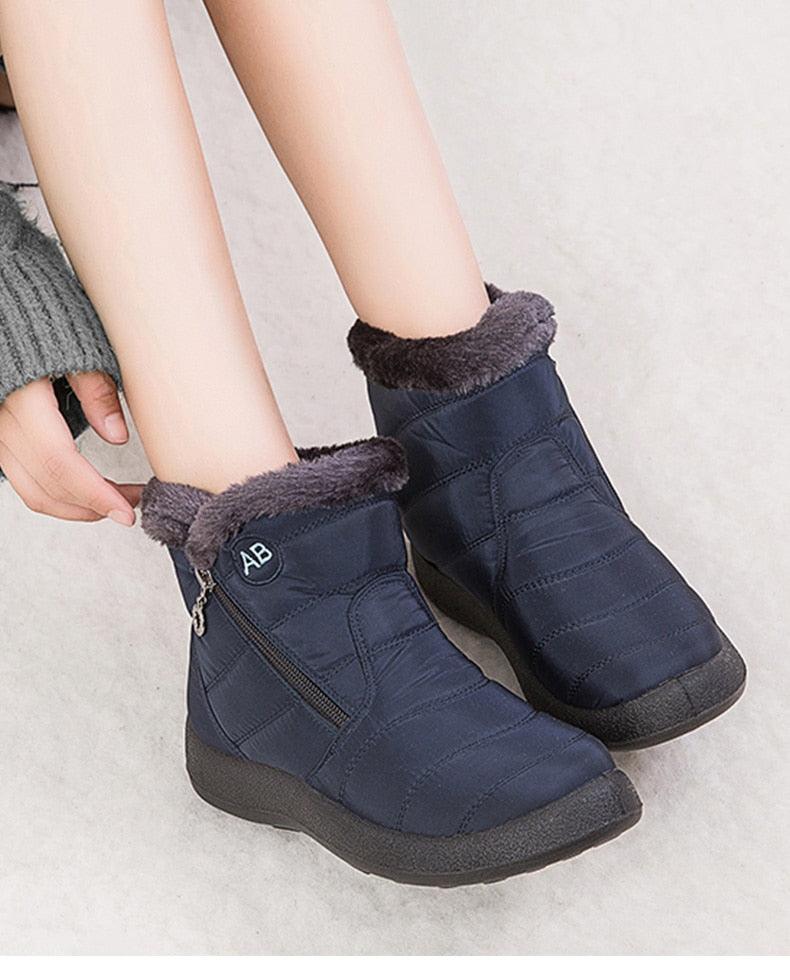 Stevvex women's navy waterproof snow boots with faux fur lining, ankle height, side zipper on Tampa Home & Garden Store