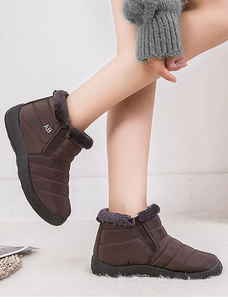 Stevvex women's brown quilted fur-lined ankle boots waterproof with rubber sole on Tampa Home & Garden Store