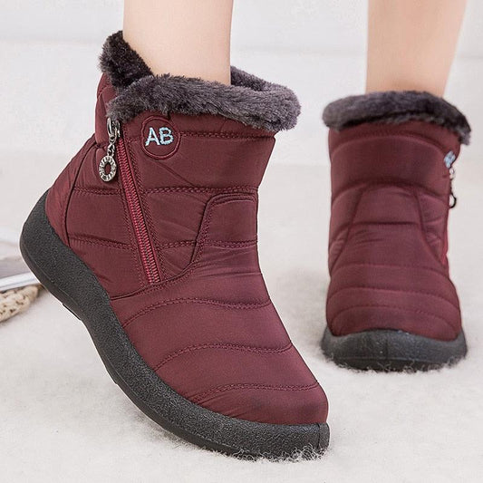 Stevvex burgundy waterproof snow boots with faux fur lining and side zipper on Tampa Home & Garden Store