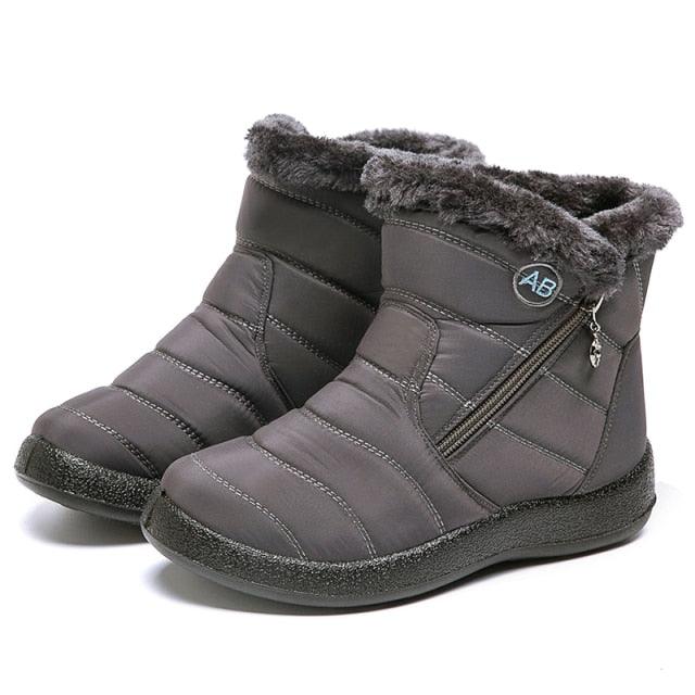 Women's waterproof snow boots with fur lining, gray quilted ankle boots with side zipper Stevvex on Tampa Home & Garden Store