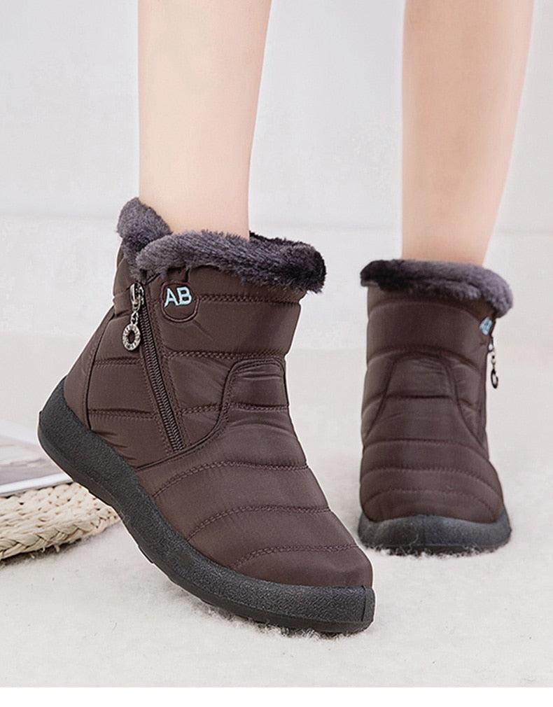 Stevvex women’s brown waterproof fur-lined winter boots with side zip AB logo pair on Tampa Home & Garden Store