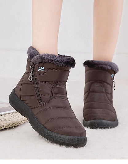Stevvex women’s brown waterproof fur-lined winter boots with side zip AB logo pair on Tampa Home & Garden Store