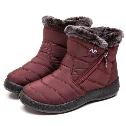 Stevvex women waterproof snow boots burgundy quilted upper, plush fur lining, side AB zipper on Tampa Home & Garden Store