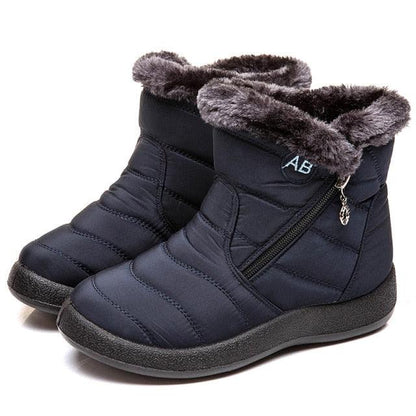 Stevvex women's navy waterproof snow boots, fur-lined collar, quilted upper, side zipper warmth on Tampa Home & Garden Store