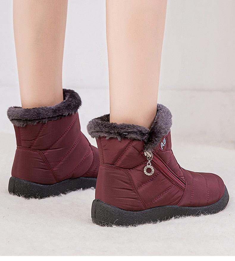 Stevvex burgundy waterproof snow boots with faux fur lining, ankle zip, side zipper on Tampa Home & Garden Store