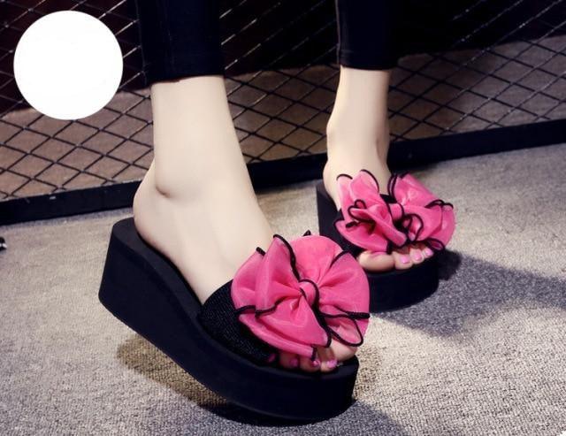 Women bow platform sandals pair with pink flower bow strap, black open-toe slide by Stevvex on Tampa Home & Garden Store