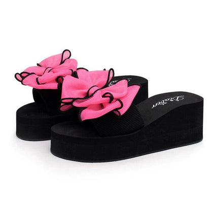 Stevvex Women Bow Summer Sandals with pink knotted bows on black platform slide pair on Tampa Home & Garden Store