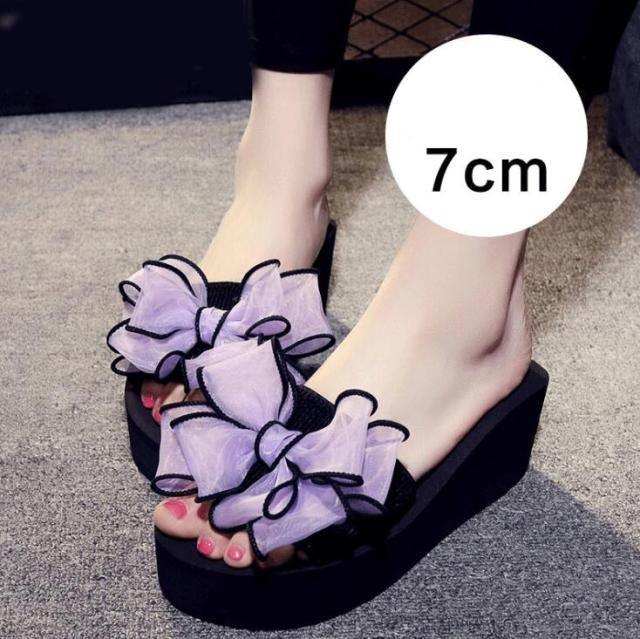 Women Stevvex bow platform sandals with purple knotted bows, open toe, black sole on Tampa Home & Garden Store