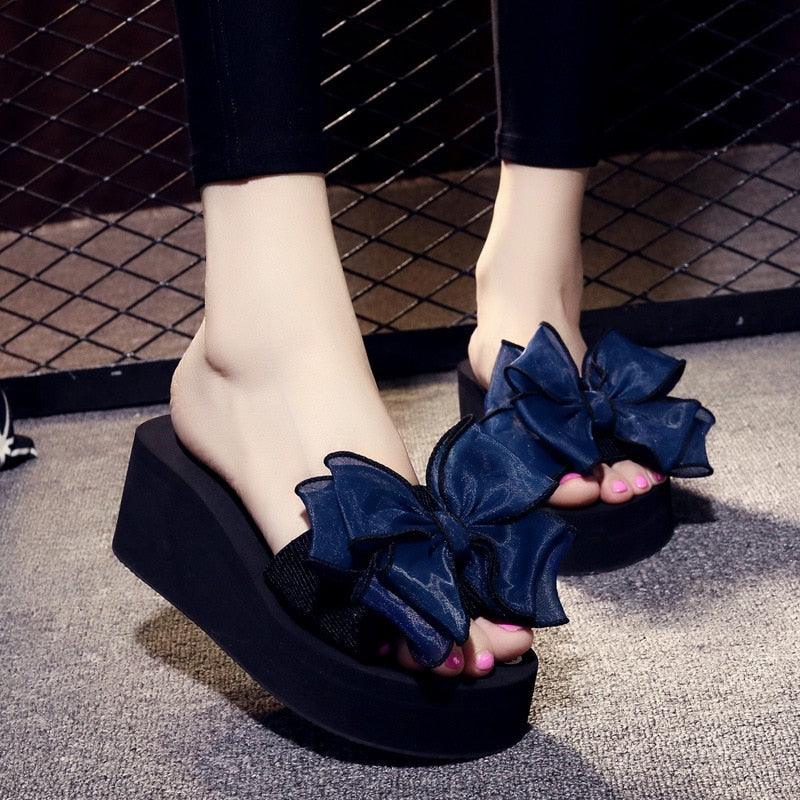 Women Bow Summer Sandals navy blue knotted bow platform wedge open-toe slide by Stevvex on Tampa Home & Garden Store