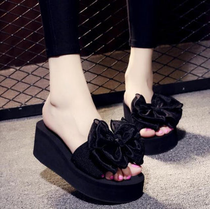 Stevvex women bow summer sandals black fabric knotted bow open-toe wedge platform on Tampa Home & Garden Store