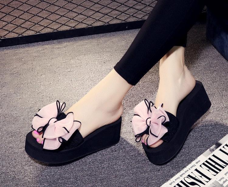 Stevvex women bow summer sandals pair with pink knotted bow, black platform wedge, open toe on Tampa Home & Garden Store