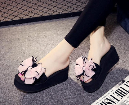 Stevvex women bow summer sandals pair with pink knotted bow, black platform wedge, open toe on Tampa Home & Garden Store