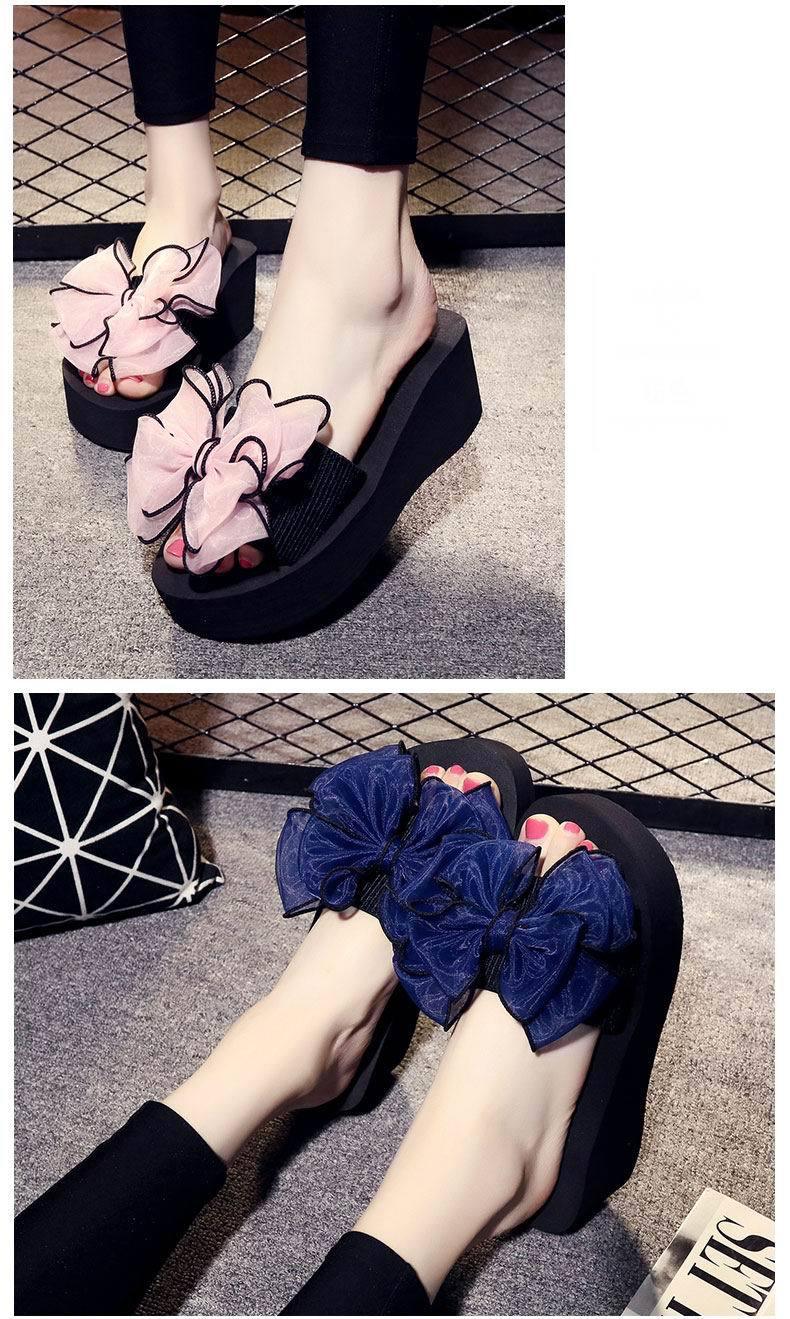Women bow sandals with large pink and navy fabric knots open toe platform slides casual on Tampa Home & Garden Store