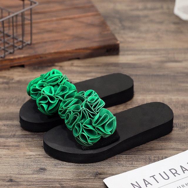 Women's green fabric flower bow sandals with black sole, slide-on style on Tampa Home & Garden Store
