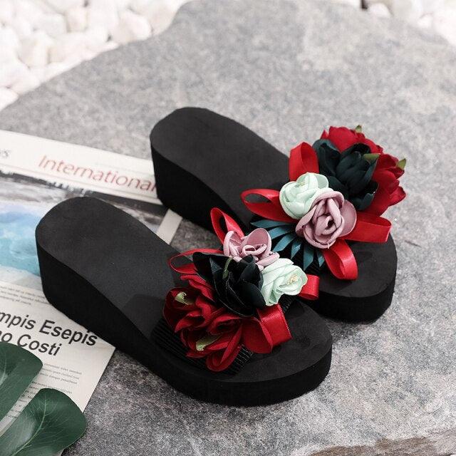 Women bow sandals with flower embellishments, black platform wedge Stevvex flip-flops on Tampa Home & Garden Store