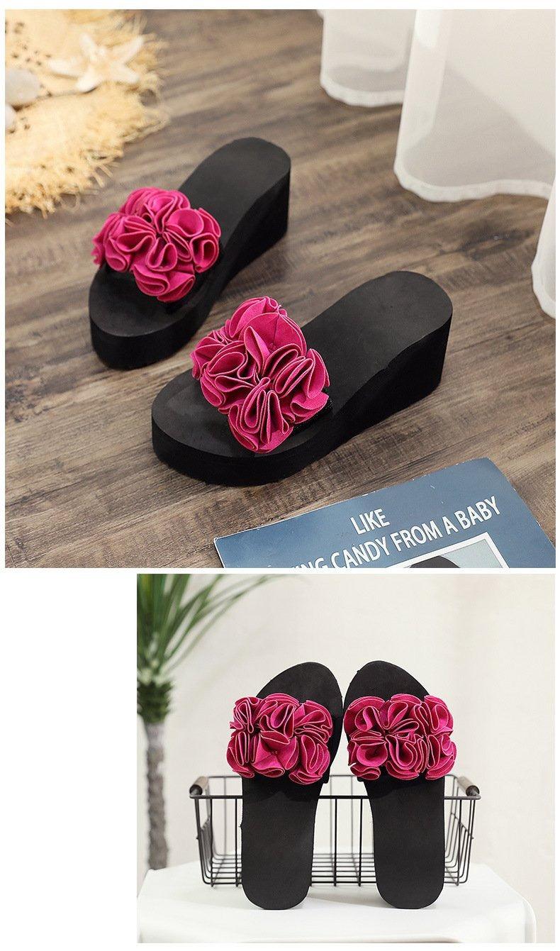 Pair of women bow platform sandals with pink fabric flower embellishment Stevvex black sole on Tampa Home & Garden Store