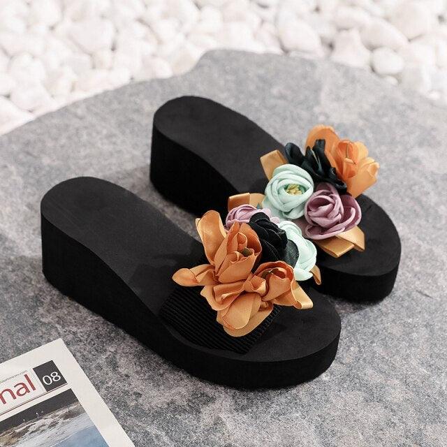 Women bow summer sandals by Stevvex with black platform sole and flower embellishments pair on Tampa Home & Garden Store