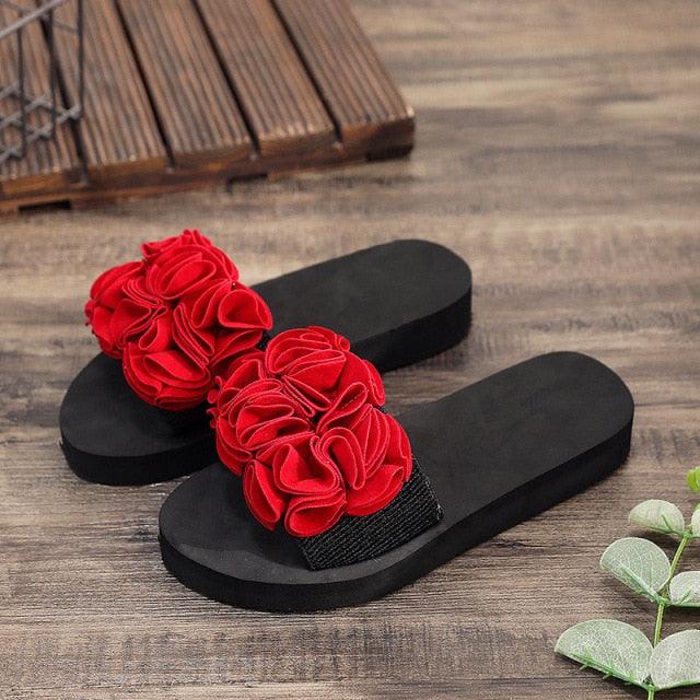 Stevvex Women Bow Summer Sandals with red fabric flower on black sole on Tampa Home & Garden Store