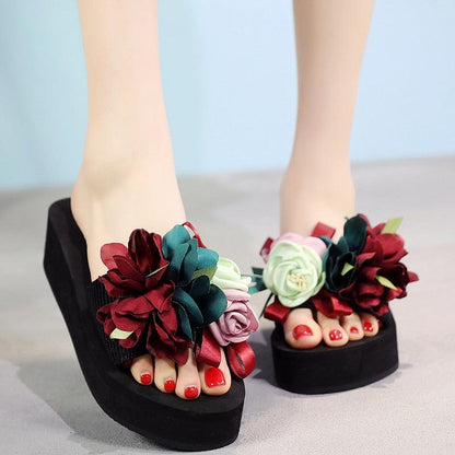 Stevvex women's sandals with black platform wedges and flower embellishments, open-toe on Tampa Home & Garden Store