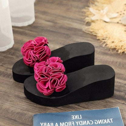 Women Bow Summer Sandals by Stevvex, black platform slides with pink fabric flower rosettes on Tampa Home & Garden Store