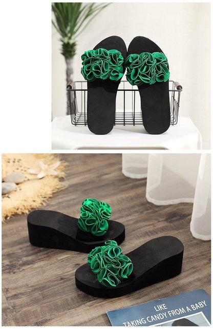 Stevvex women's bow sandals with green fabric flower bow on black wedge platform on Tampa Home & Garden Store