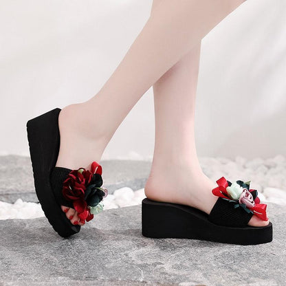 Stevvex women bow flower platform sandals, black wedge slides with colorful floral embellishments on Tampa Home & Garden Store