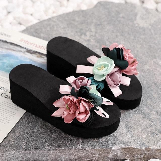 Stevvex women bow platform sandals with multi-color flower embellishments on black soles on Tampa Home & Garden Store